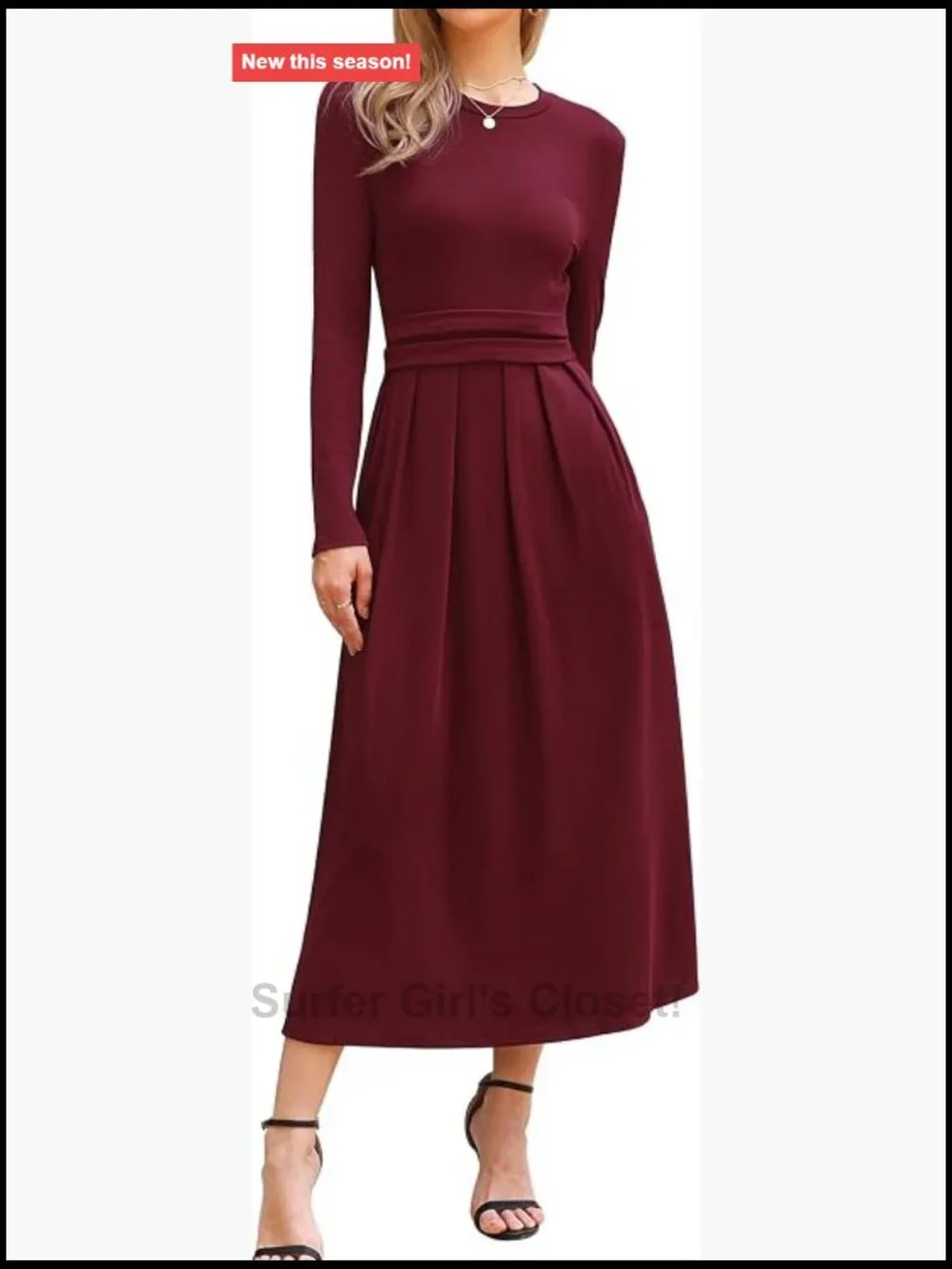Long Sleeve Maxi Dress A-Line Crew Neck Pleated Formal Casual